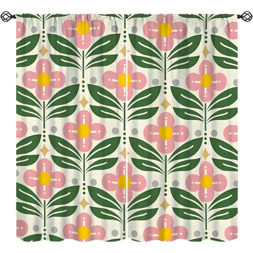 Retro 70s Floral Curtains Pink Green Pattern Rod Pocket