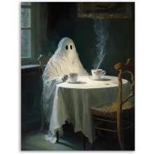 Halloween poster Elegant Ghost Drinking Tea Wall Art Funny Gothic Aesthetic Spooky Posters Creepy Dark Academia Wall Decor Dorm Bathroom