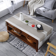 Cotton-Linen Coffee Table Cloth with Embroidery, Pockets, Tassels – Rectangle Table Protector & Dust Cover, Washer/Dryer Safe, Compatible with