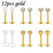 16G læbestifter rustfrit stål CZ Labret læbepiercing Tragus Helix øreringe - 12 stk. - Guld