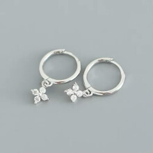 925 Sterling Silver Tiny CZ Flower Huggie Hoop Dangle Drop Earrings A1248-A - Silver with Clear Stone