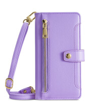 Purple Crossbody Wallet Case for Samsung Galaxy S24+/S24 Plus – Zipper, 6-card Holder, Wrist Strap, Leather Cover