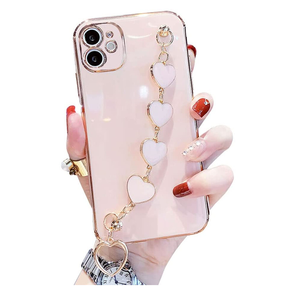 Pink Gold Electroplated Tpu Phone Case With Hearts Chain, Compatible With Iphone 14 Plus Â Scratch-Resistant & Shockproof Pink,Gold 9448483077026
