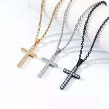 Men Women CZ Cross Necklace Stainless Steel Hip Hop Pendant Chain 24"-Gold-Style D