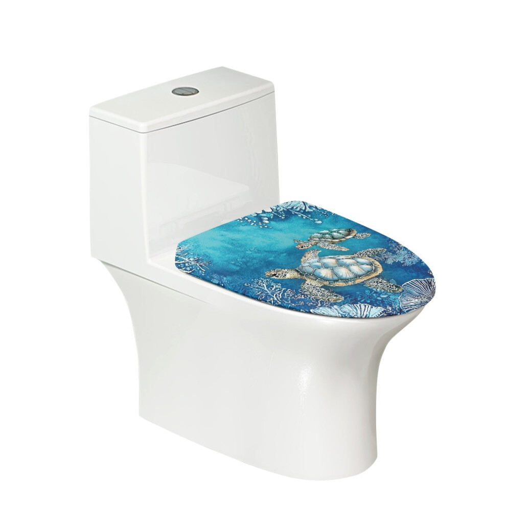 Breathable Washable Stretch Toilet Lid Cover With Elastic Edge, Compatible With Most Round/Elongated/Oblong Lids Â Sea Turtle Coral Design 9448483078740