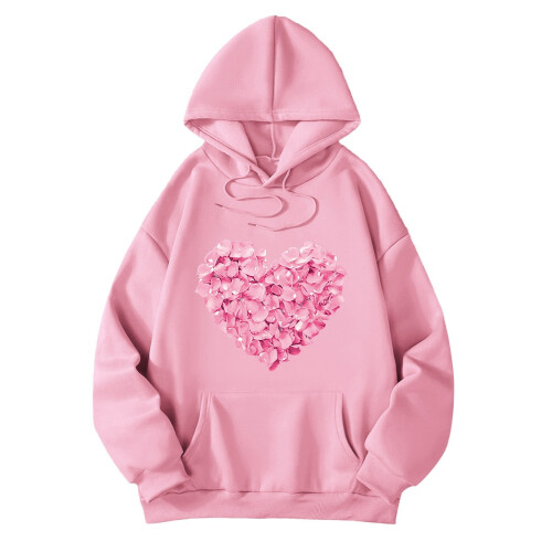 Γυναικεία oversized casual φούτερ με κουκούλα, στάμπα Love Heart, χαλαρή εφαρμογή – Συμβατά