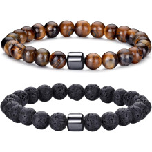 Tiger Eye Men's Bracelet 8MM Natural Stone Beads Bracelet Set Stretch Lava Stone Bracelet Adjustable Black Crystal Beads Bracelet Men Women Gifts