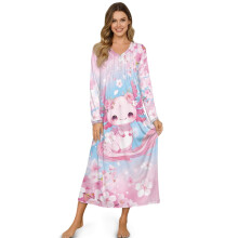 Cozy Winter Nightgown for Women – Soft Lightweight Sleepshirt, Button-Front, Long Sleeve, Full-Length Loungewear, 4XL, Axolotl Cherry Blossom