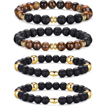Tiger Eye Men's Bracelet 8MM Natural Stone Beads Bracelet Set Stretch Lava Stone Bracelet Adjustable Black Crystal Beads Bracelet Men Women Gifts