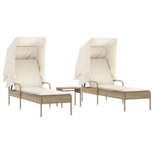vidaXL Sonnenliegen 2 Stk. mit Dach und Tisch Beige Poly Rattan