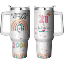 Roestvrijstalen drinkbeker van 1,2 liter met handvat en rietje – Leuk cadeau voor haar 21e verjaardag, geschikt voor vrouwen geboren in 2004,