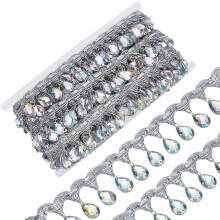 Franjuri din dantelă argintie cu mărgele, 10 yarzi, lățime 1,5", poliester, cu pandantiv de cristal – Compatibil cu cusut, artizanat,