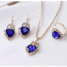 Women's Fashion Delicate Jewelry Set Rose Gold Heart Crystal Necklace Earrings Ring-Blue