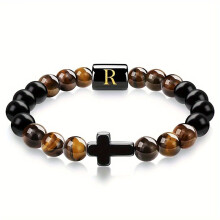 Initial Letter Beaded Bracelet with Cross Accent, Onyx and Tiger Eye Stone Jewelry