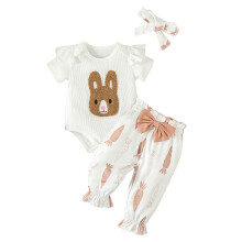 Osterhasen-Stickerei-Strampler mit kurzen Ärmeln für Jungen und Mädchen, Body, Hose, Stirnband, 3-teiliges Outfit (Babys, S03-Kaffee, 12-18 Monate)