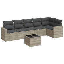 vidaXL 7-tlg. Garten-Sofagarnitur mit Kissen Hellgrau Poly Rattan