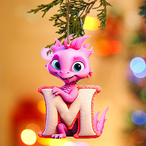 Pink Dinosaur Christmas Ornament Acrylic Initial Pendant 26 2