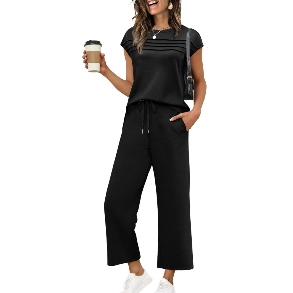 Women's Casual Travel Vacation Two-Piece Short-Sleeved-Black XL