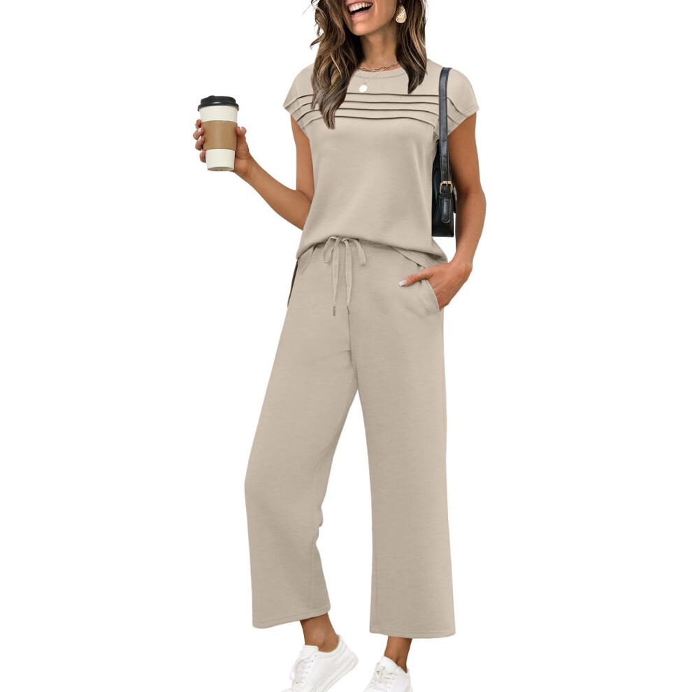 Women's Casual Travel Vacation Two-Piece Short-Sleeved-Beige M