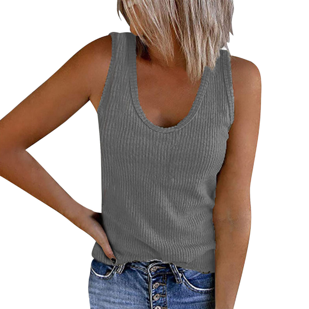 Gray Spring/Summer Women's Vest U-Neck Sleeveless Ribbed- Xl