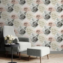 Blush Rose Floral Wallpaper Green Cream Metallic Shimmer Feature Wall Luxury