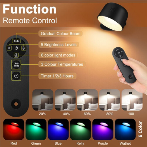 LED Wall Light Night Light 360Rotatable RGB Color Changing Bedside Lamp Dimmable Bedroom Wall Sconce with Timer Memory 2