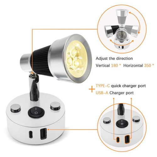 Luminária de Parede LED 12V para Iluminação Interna Versátil em Preto e Prata com Interruptores USB-A e USB-C 6000-6500K 2