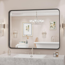 30x22" Black Metal Rounded Rectangle Bathroom Mirror, Anti-Rust, Farmhouse/Modern Decor, Horizontal or Vertical Hanging, Compatible with Standard