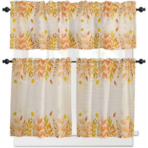 Lemon Yellow Botanical Kitchen Curtains Set with Valance 24