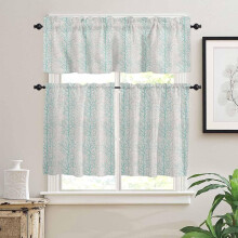 Teal Botanical Kitchen Curtains & Valances Set, Farmhouse Tier Curtains with Rod Pocket, 36" Length, Compatible with Standard Rods