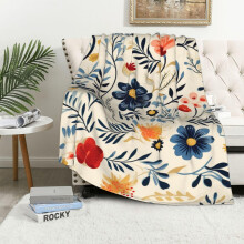 Thin Floral Print Throw Blanket, Beige Boho Vintage Flower Pattern, 50x60", Flannel, 310 GSM, Hand/Machine Wash