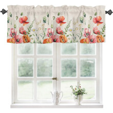 Poppies & Eucalyptus Kitchen Valances, Vintage Floral Botanical Short Rod Pocket Curtains (1 Panel, 54"x18") for Bedroom/Bathroom