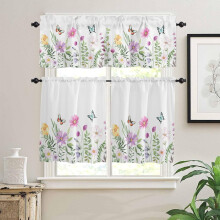 Flower Kitchen Curtains Set of 3 (Tiers & Valances), Butterfly Wildflower Watercolor Print, Rod Pocket, 36" Long, for Bedroom/Bathroom
