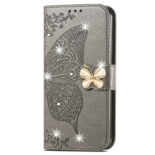 iPhone 13 Case Wallet for Women – Butterfly Embossed Diamond PU Leather Flip Folio with Stand, Card Holder & Wrist Strap, Gray