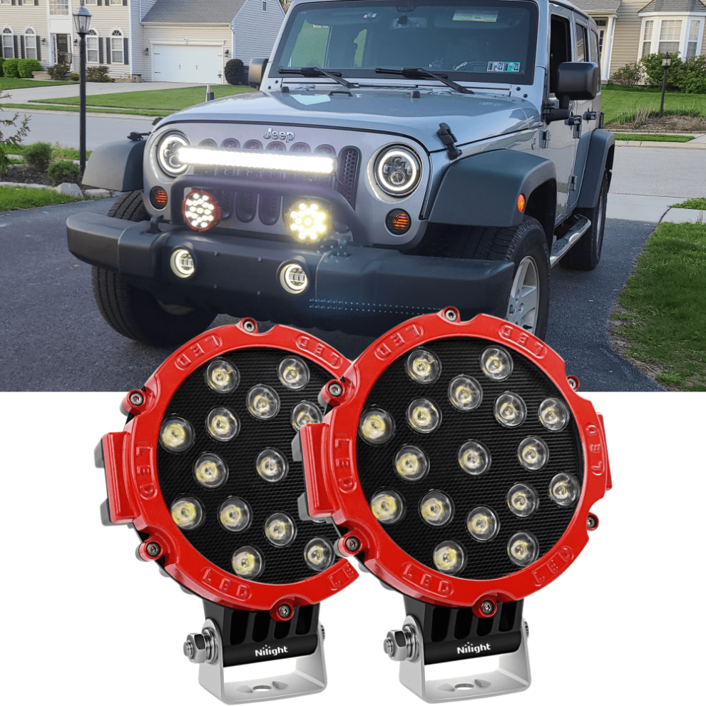 Led Bar 2Pcs 7" 51W 5100Lm Round Spot Led Pod Off Road Fog Driving Roof Bar Bumper For Jeep Truck Atv Utv Suv Light/Red 9448483034982