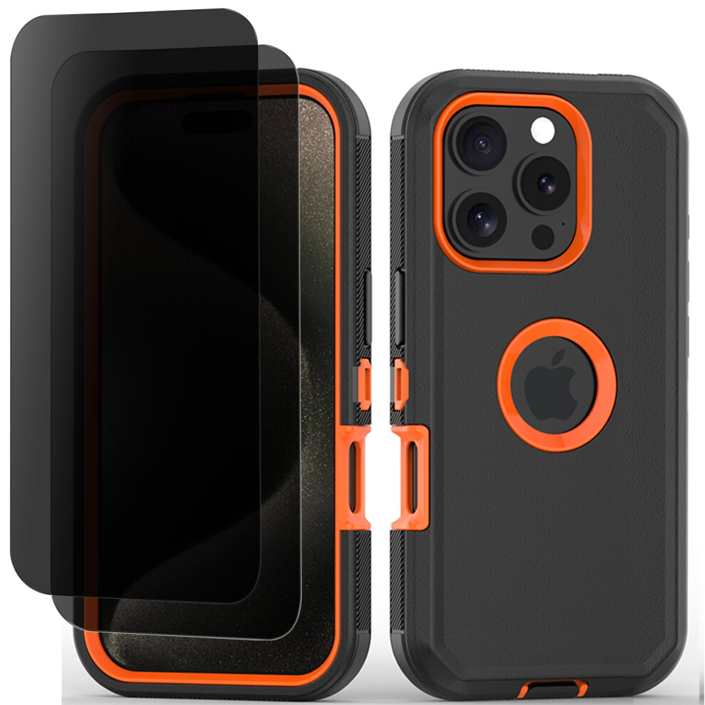 Phone Case For Compatible With Iphone 16 Pro Heavy Duty Shockproof Dustproof Case With Privacy Screen Protector Tempered Glass, Black/ Orange Orange,Black 9448483035385