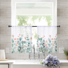 Sheer Curtains 52"x54", Tropical Eucalyptus & Pink Floral Design, Light Filtering Voile Drapes with Rod Pocket – 2 Panels