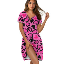 Women's Short Sleeve Button-Down Housecoat & Nightgown, Lightweight Loungewear, Above-Knee Sleep Dress, Love Heart Leopard Print Pink, 2XL,