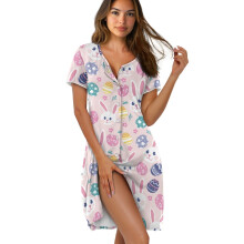 Women's Button-Up Nightgown, Short Sleeve, Knee-Length, Comfortable Sleepwear & Loungewear – 3XL, Easter Bunny Print, Pink