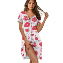 Women's Cozy Short Sleeve Nightgown – Button-Down Loungewear, XS, Love Print – Compatible with Apple Lip Print Valentine’s Day