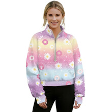 Women's Cropped Quarter-Zip Oversized Sweatshirt, Mock Neck Pullover Hoodie – Compatible with Daisy Star Donut Pink Blue Gradient, 2XL