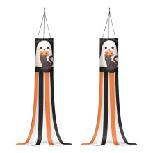 Halloween Black Cat Garden Windsock Outdoor Hanging Windsock Decorative Cute Ghost Garden Windsocks Outdoor Wind Streamer Holiday Decoration Set of 2