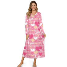 Women's Long Sleeve Nightgown – Soft, Breathable, Full-Length Sleepshirt with Love Heart & Arrow Pink Stripes Print – S, Valentine’s Day