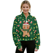 Women's Zip-Up Sweatshirt with Thumbholes, Gingerbread/Tree/Star Print Green Hoodie – XL, Compatible with Christmas Fashion