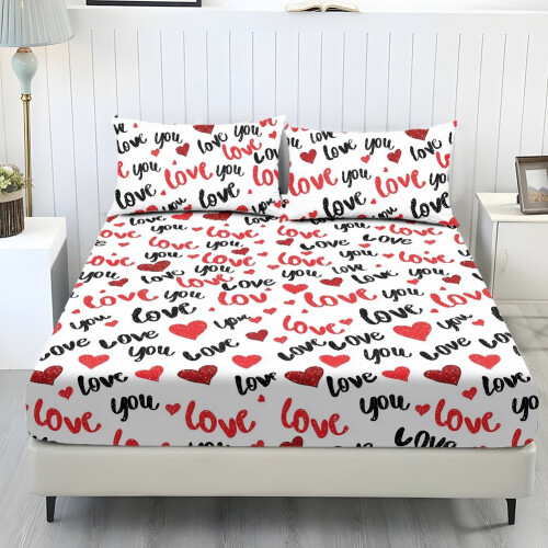 King Size Sheet Set 3-Piece Red White Heart Pattern
