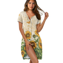 Women's Short Sleeve Nightgown – Cozy Loungewear Dress, Lightweight Sleepwear for Home, Sunflower/Butterfly/Musical Note Print, 3XL