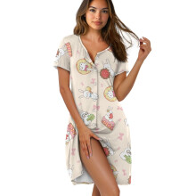 Women's Short Sleeve Button-Down Nightgown – Lightweight Loose-Fit Sleep Dress, 3XL, Donut/Strawberry/Bunny/Bow Design