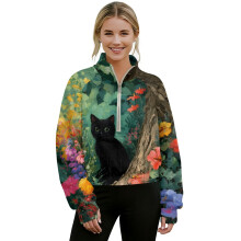Women's Quarter Zip Cropped Sweatshirt with Pocket, Thumbholes & Floral Forest Print – Black, M, Compatible with Casual/Workout