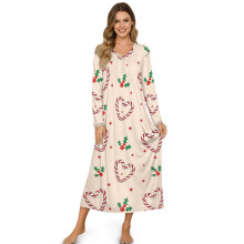 Women's Cozy Button-Front Sleepshirt, Soft Long Sleeve Nightgown, Full-Length Indoor Dress – Holly Heart & Candy Cane Pattern, L
