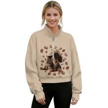 Women's Cropped Pullover with Pocket, Thumbholes & Half-Zip – Cozy Quarter-Zip Sweatshirt for Casual Wear & Travel, M – Dachshund Paw/ Coffee Bean